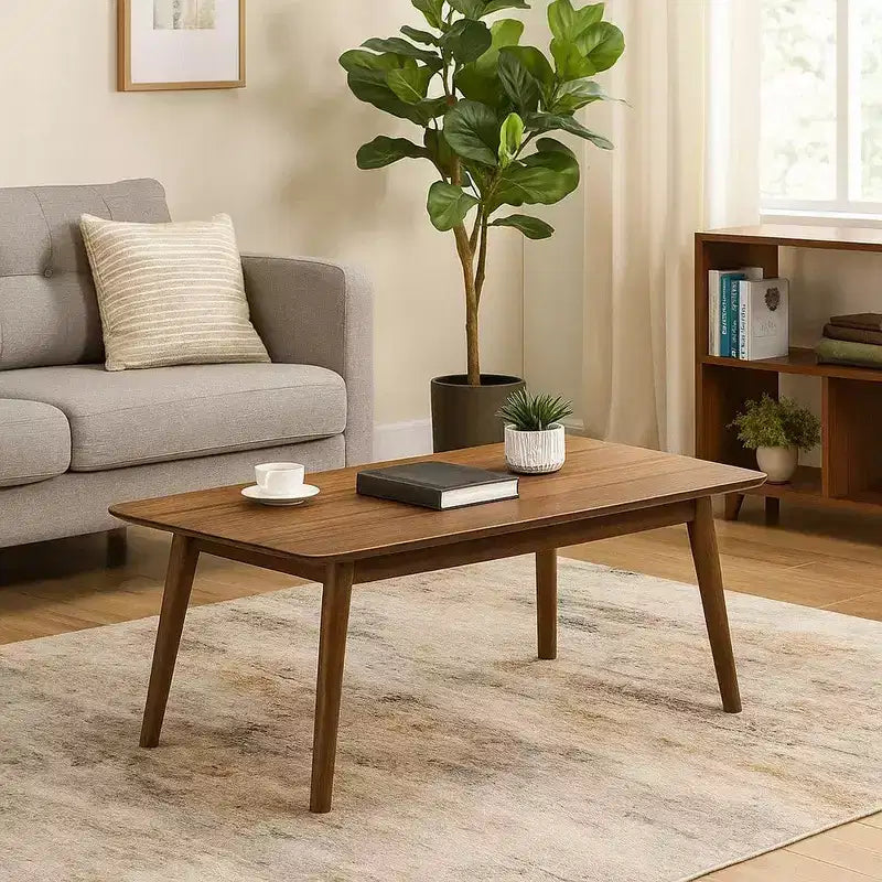 Table basse, plateau rectangulaire de 119 cm avec pieds inclinés, noyer marron