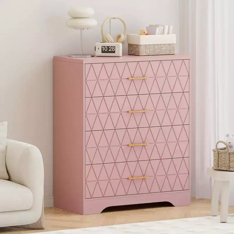 Commode haute moderne de 31,5 pouces avec 5 tiroirs coulissants et des poignées en métal doré ; convient aux dressings, aux entrées ou aux couloirs
