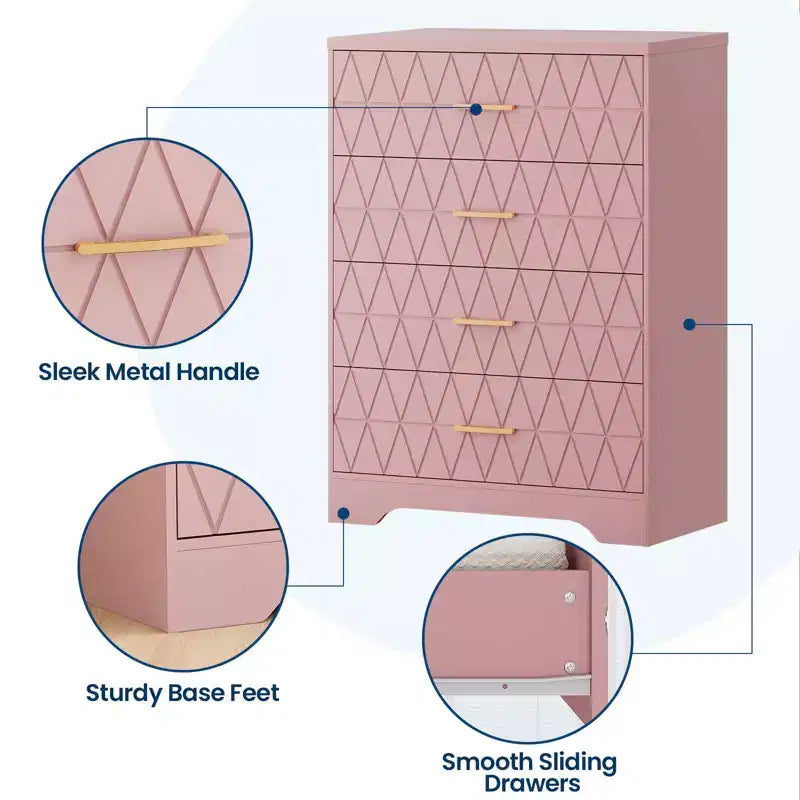 Commode haute moderne de 31,5 pouces avec 5 tiroirs coulissants et des poignées en métal doré ; convient aux dressings, aux entrées ou aux couloirs