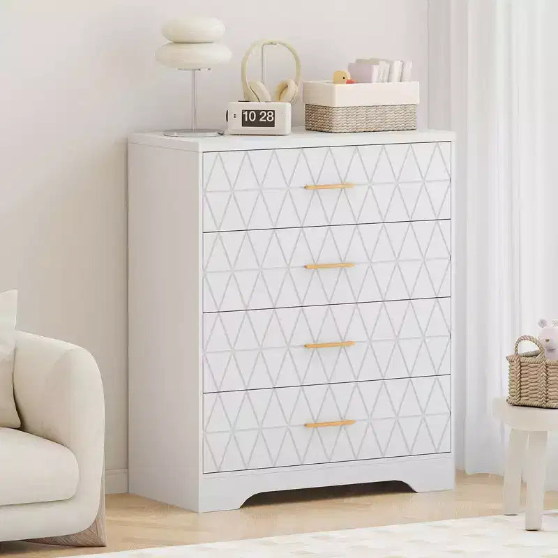 Commode haute moderne de 31,5 pouces avec 5 tiroirs coulissants et des poignées en métal doré ; convient aux dressings, aux entrées ou aux couloirs