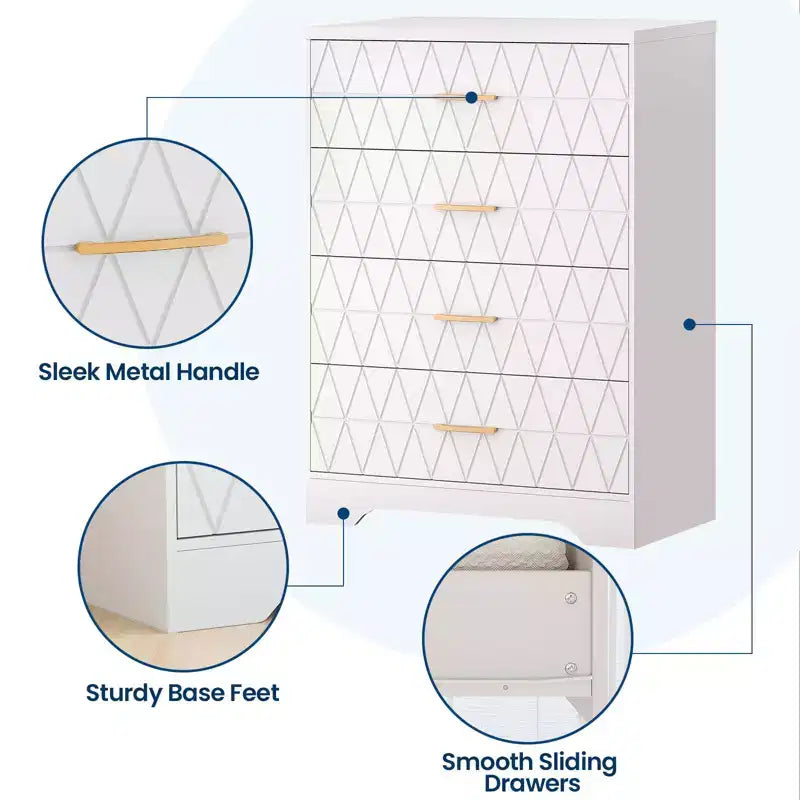 Commode haute moderne de 31,5 pouces avec 5 tiroirs coulissants et des poignées en métal doré ; convient aux dressings, aux entrées ou aux couloirs