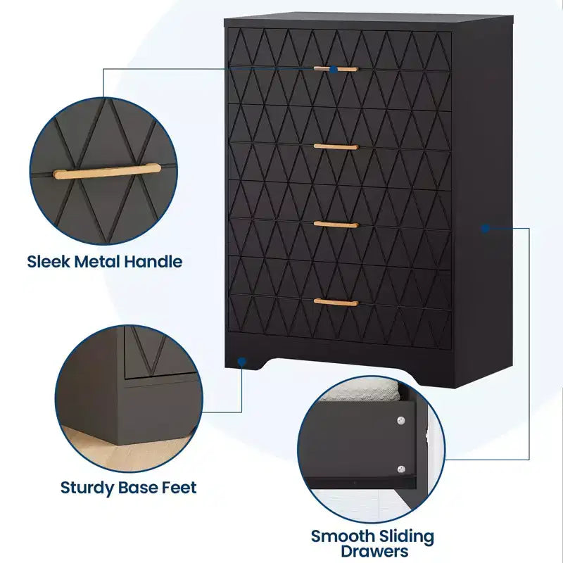 Commode haute moderne de 31,5 pouces avec 5 tiroirs coulissants et des poignées en métal doré ; convient aux dressings, aux entrées ou aux couloirs