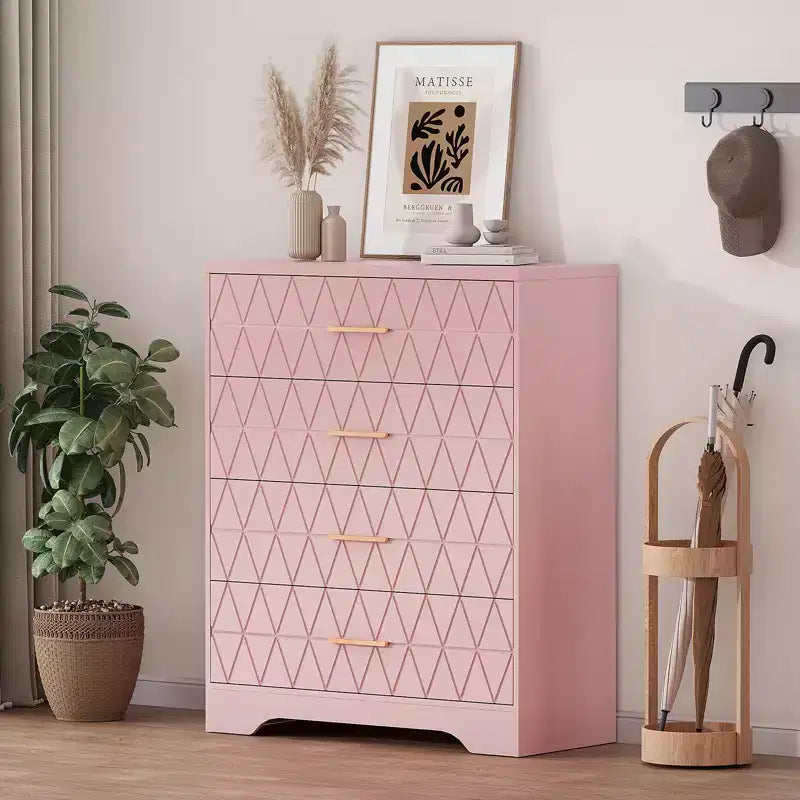 Commode haute moderne de 31,5 pouces avec 5 tiroirs coulissants et des poignées en métal doré ; convient aux dressings, aux entrées ou aux couloirs