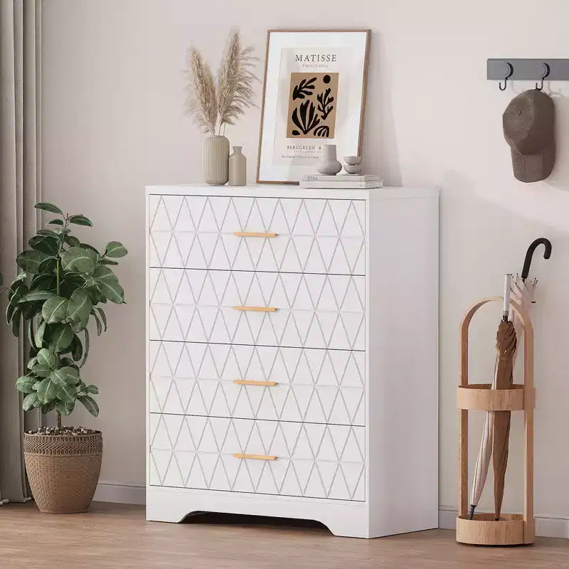 Commode haute moderne de 31,5 pouces avec 5 tiroirs coulissants et des poignées en métal doré ; convient aux dressings, aux entrées ou aux couloirs