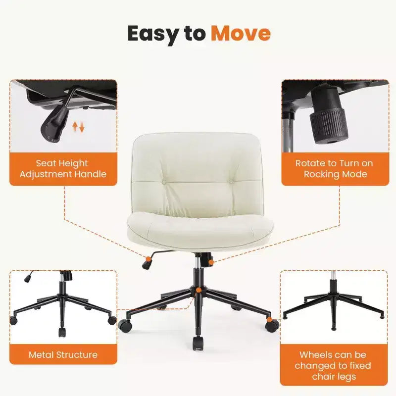 Fauteuil de bureau large, chaise pivotante sans accoudoirs en similicuir (permet de s'asseoir en tailleur)