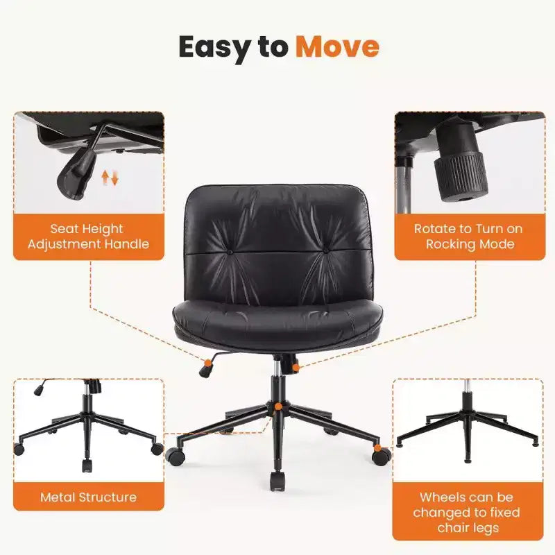 Fauteuil de bureau large, chaise pivotante sans accoudoirs en similicuir (permet de s'asseoir en tailleur)