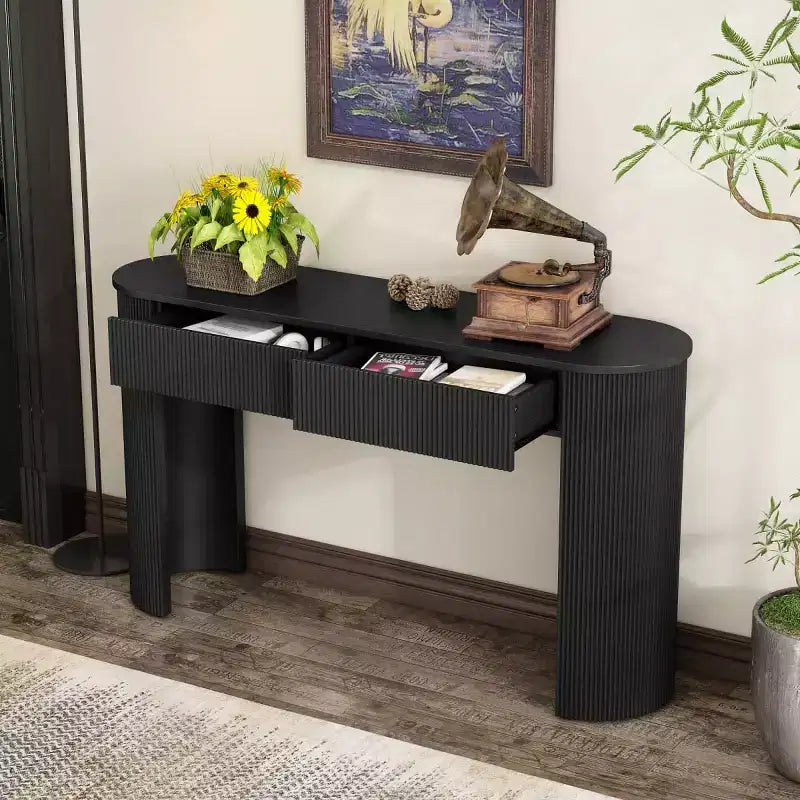 Console moderne avec rangement, table d'entrée cannelée avec plateau ovale et 2 tiroirs, table d'appoint de couloir