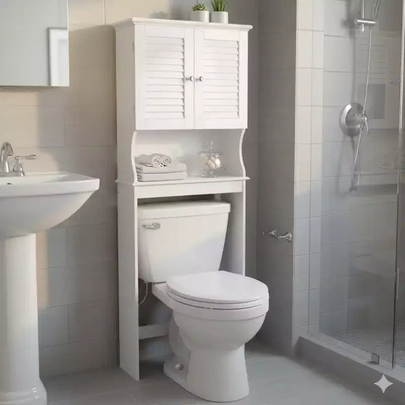 Armoire de rangement WC avec étagère réglable et portes à persiennes, Blanc