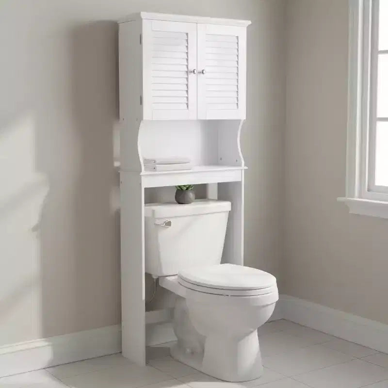 Armoire de rangement WC avec étagère réglable et portes à persiennes, Blanc