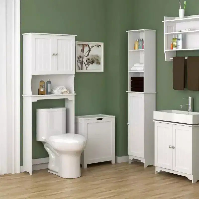 Armoire de rangement WC avec étagère réglable et portes à persiennes, Blanc