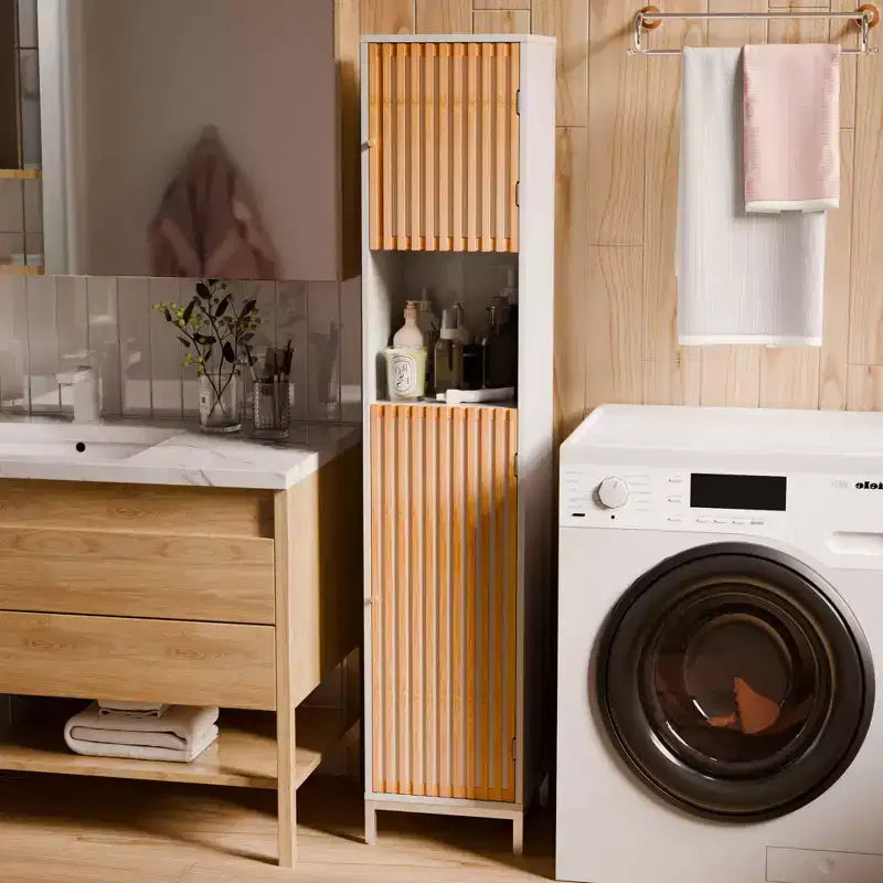 MAYEERTY Bathroom Tall Cabinet, Bamboo Slats Door, Bathroom Use, Natural White