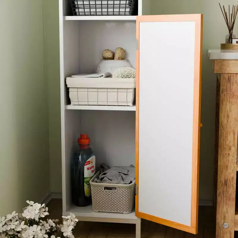 Meuble Haut de Salle de Bain, Porte à Lattes en Bambou, Utilisation en Salle de Bain, Blanc Naturel