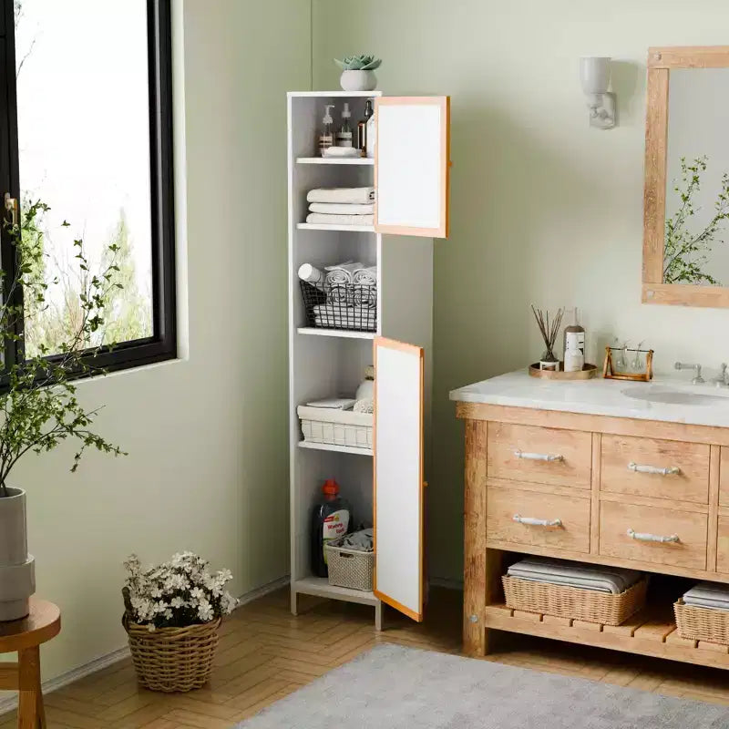 Meuble Haut de Salle de Bain, Porte à Lattes en Bambou, Utilisation en Salle de Bain, Blanc Naturel
