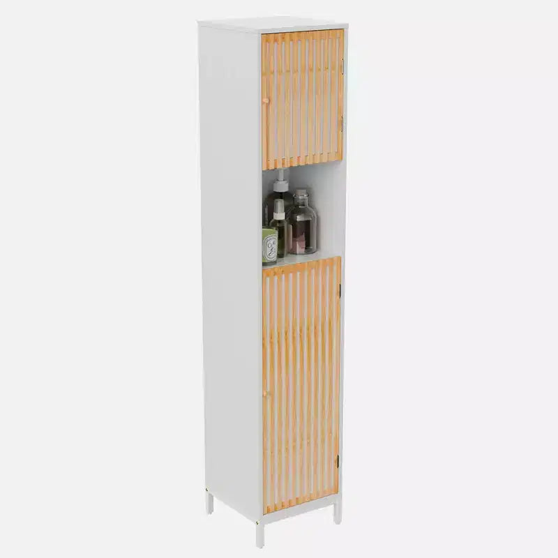 Meuble Haut de Salle de Bain, Porte à Lattes en Bambou, Utilisation en Salle de Bain, Blanc Naturel