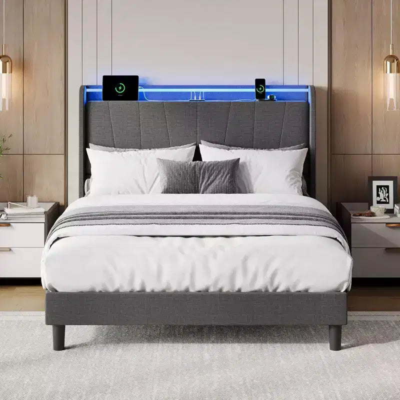 Bed Frame with Charging Station, Upholstered Platform Bed Frame with Headboard, Bedframe with Storage Shelves, No Box Spring Needed