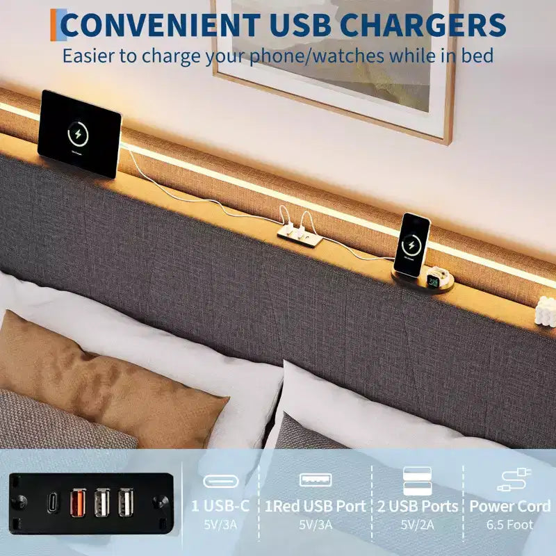 Cadre de lit avec station de recharge, lit plateforme rembourré avec tête de lit, cadre de lit avec étagères de rangement, aucun sommier tapissier requis