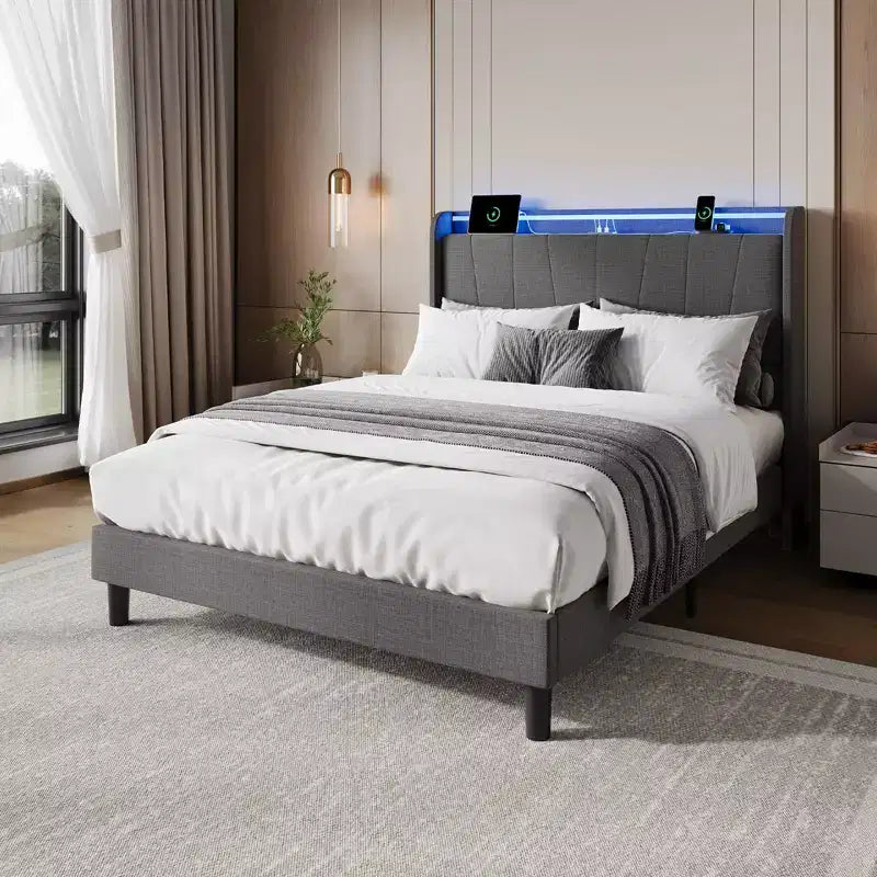 Cadre de lit avec station de recharge, lit plateforme rembourré avec tête de lit, cadre de lit avec étagères de rangement, aucun sommier tapissier requis