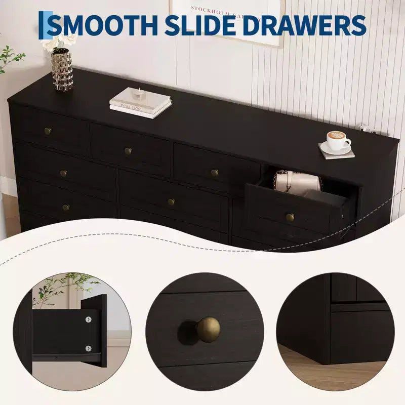 Commode à 12 tiroirs, commode en bois de 61 po de large, commode meuble TV pour téléviseur de 65 po, organisateur de rangement de vêtements moderne pour salon, couloir