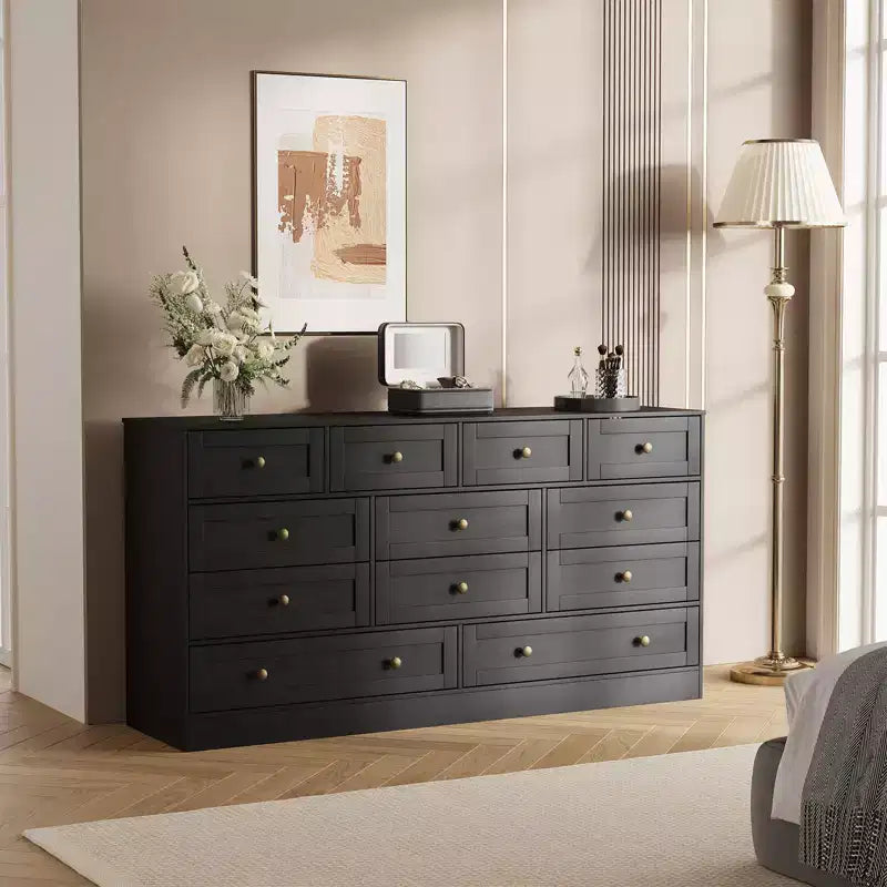 Commode à 12 tiroirs, commode en bois de 61 po de large, commode meuble TV pour téléviseur de 65 po, organisateur de rangement de vêtements moderne pour salon, couloir