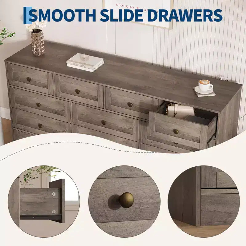 Commode à 12 tiroirs, commode en bois de 61 po de large, commode meuble TV pour téléviseur de 65 po, organisateur de rangement de vêtements moderne pour salon, couloir