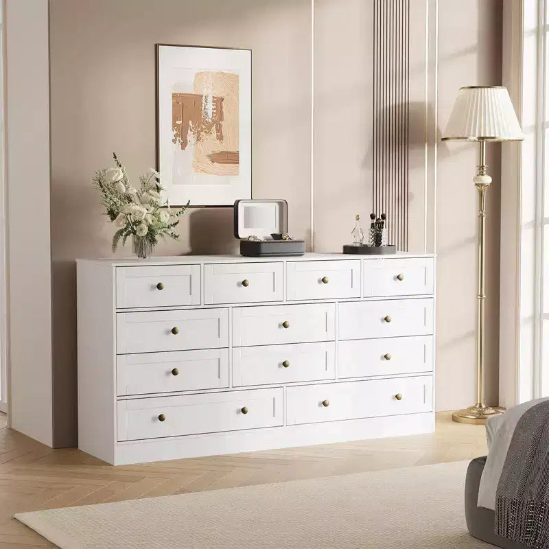 Commode à 12 tiroirs, commode en bois de 61 po de large, commode meuble TV pour téléviseur de 65 po, organisateur de rangement de vêtements moderne pour salon, couloir