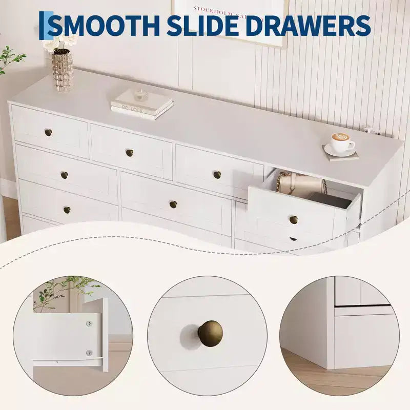 Commode à 12 tiroirs, commode en bois de 61 po de large, commode meuble TV pour téléviseur de 65 po, organisateur de rangement de vêtements moderne pour salon, couloir