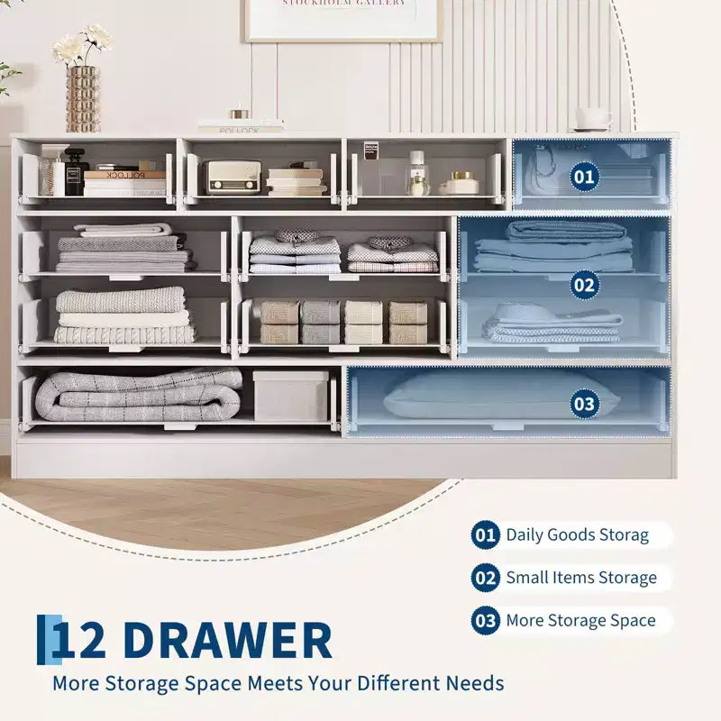 Commode à 12 tiroirs, commode en bois de 61 po de large, commode meuble TV pour téléviseur de 65 po, organisateur de rangement de vêtements moderne pour salon, couloir