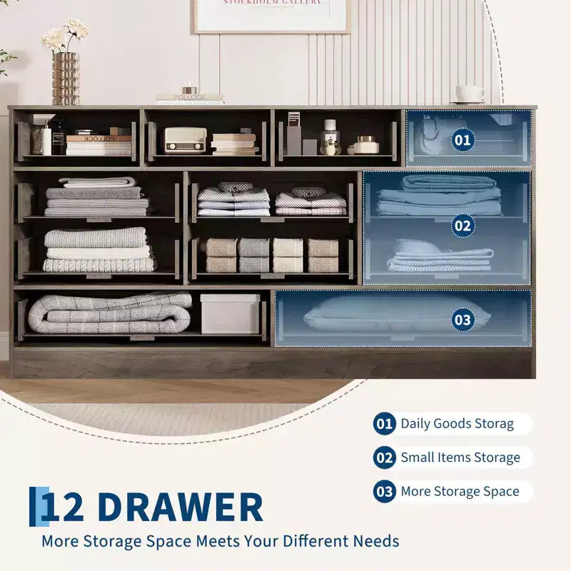 Commode à 12 tiroirs, commode en bois de 61 po de large, commode meuble TV pour téléviseur de 65 po, organisateur de rangement de vêtements moderne pour salon, couloir