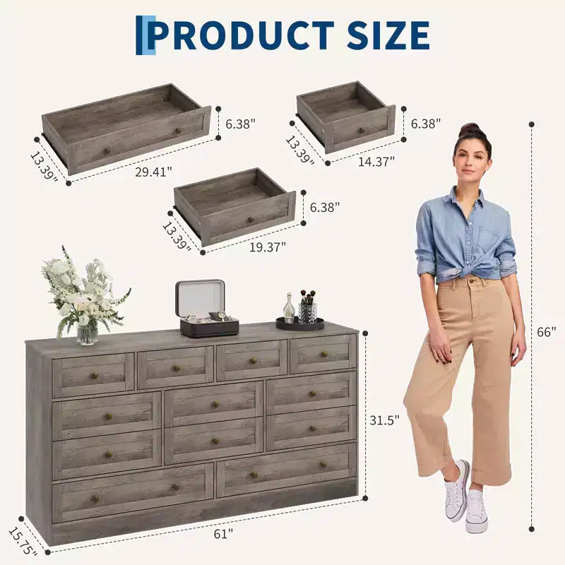 Commode à 12 tiroirs, commode en bois de 61 po de large, commode meuble TV pour téléviseur de 65 po, organisateur de rangement de vêtements moderne pour salon, couloir