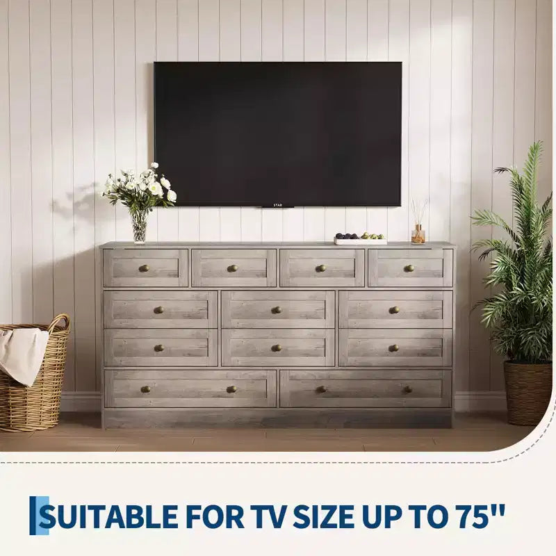 12 Drawers Dressers, 61 Wide Wood Chest of Drawers, TV Stand Dresser for 65 TV, Modern Clothes Storage Organizer for Living Room, Hallway