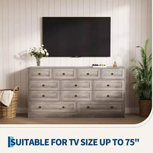 12 Drawers Dressers, 61 Wide Wood Chest of Drawers, TV Stand Dresser for 65 TV, Modern Clothes Storage Organizer for Living Room, Hallway