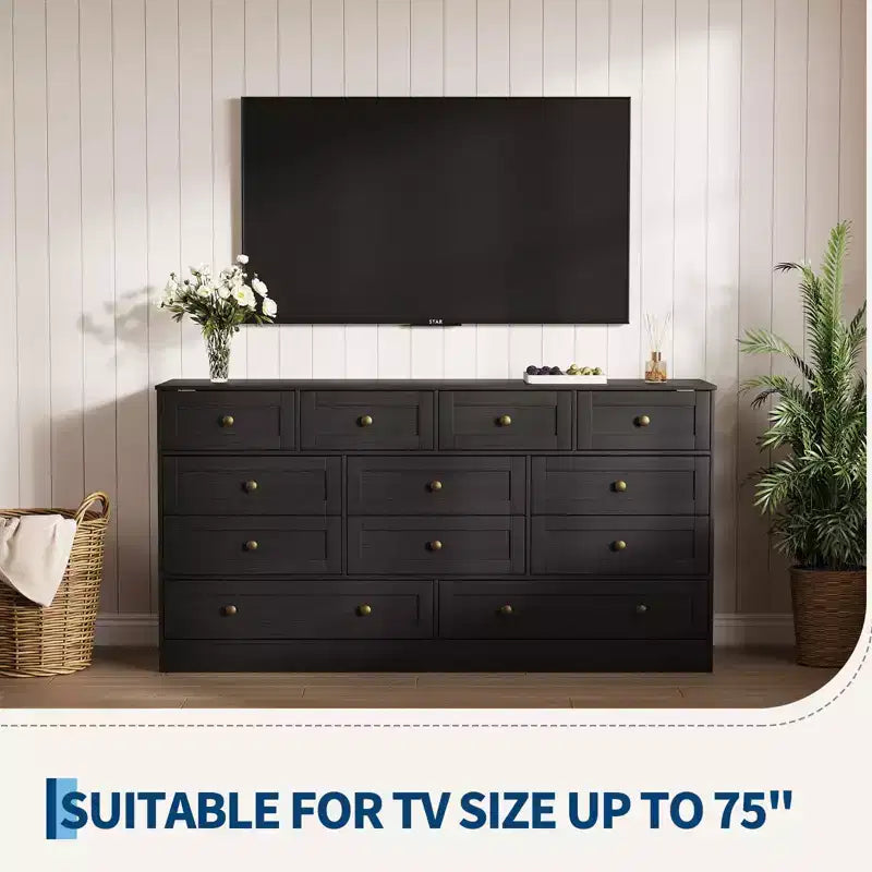 Commode à 12 tiroirs, commode en bois de 61 po de large, commode meuble TV pour téléviseur de 65 po, organisateur de rangement de vêtements moderne pour salon, couloir