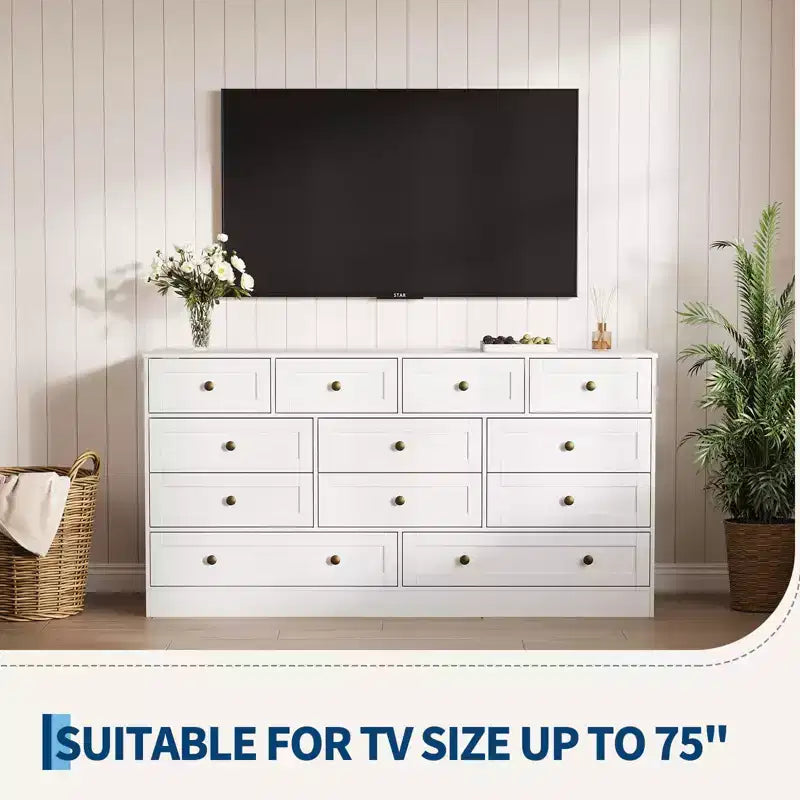 Commode à 12 tiroirs, commode en bois de 61 po de large, commode meuble TV pour téléviseur de 65 po, organisateur de rangement de vêtements moderne pour salon, couloir
