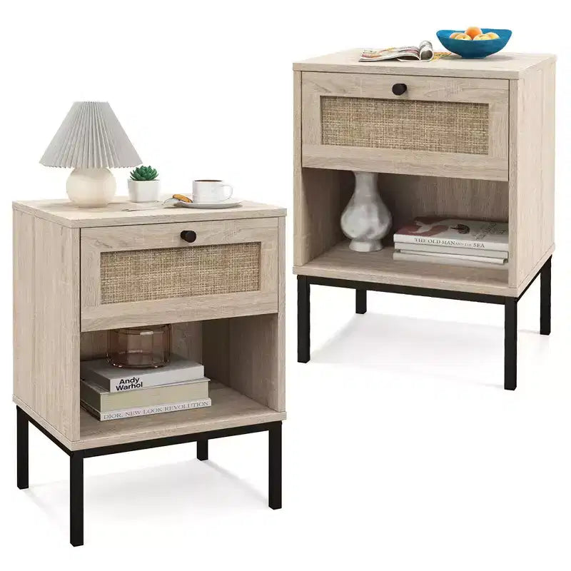 Costway 2PCS Rattan Nightstand Boho End Table w/ Drawer & Open Shelf for Living Room Oak