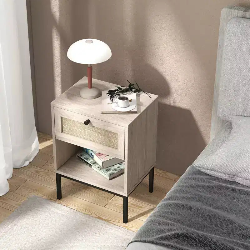 Table de chevet style rotin / Table d'appoint style bohème (avec tiroir et étagère ouverte, finition chêne, convient au salon)