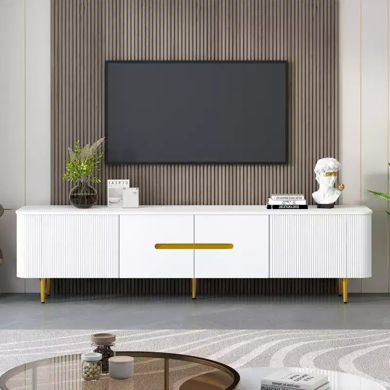 Meuble TV avec portes et texture nervurée pour téléviseurs de 85 pouces – Meuble de rangement avec pieds en métal