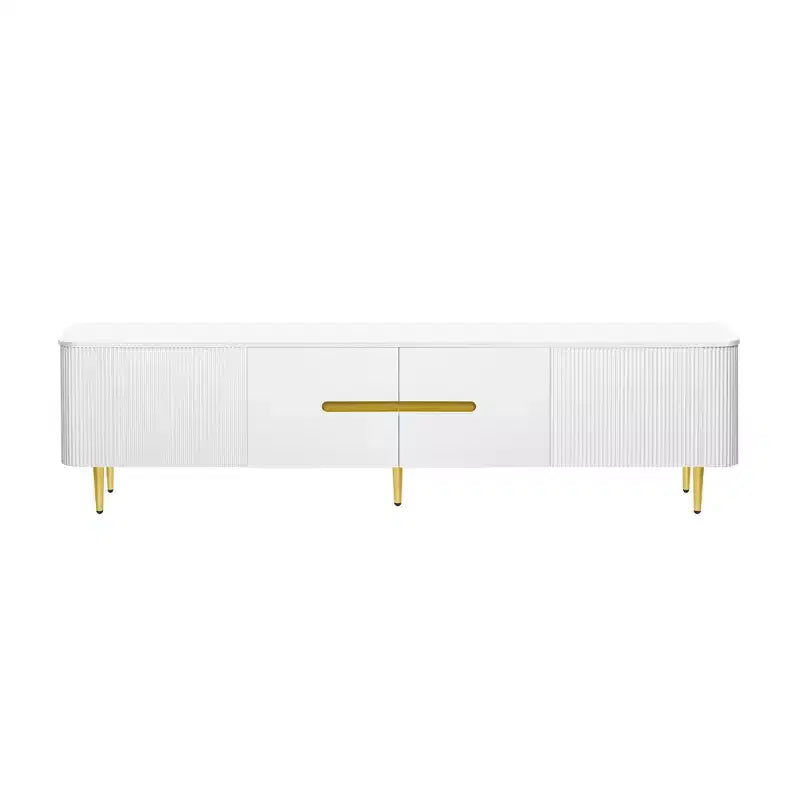 Meuble TV avec portes et texture nervurée pour téléviseurs de 85 pouces – Meuble de rangement avec pieds en métal