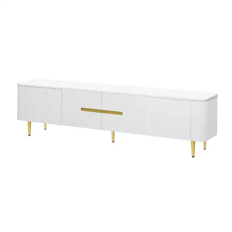 Meuble TV avec portes et texture nervurée pour téléviseurs de 85 pouces – Meuble de rangement avec pieds en métal