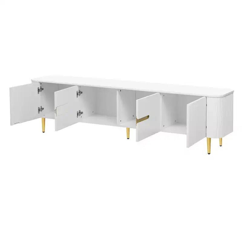 Meuble TV avec portes et texture nervurée pour téléviseurs de 85 pouces – Meuble de rangement avec pieds en métal