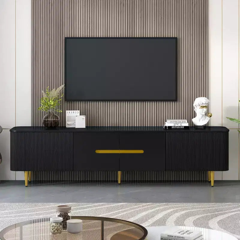 Meuble TV avec portes et texture nervurée pour téléviseurs de 85 pouces – Meuble de rangement avec pieds en métal