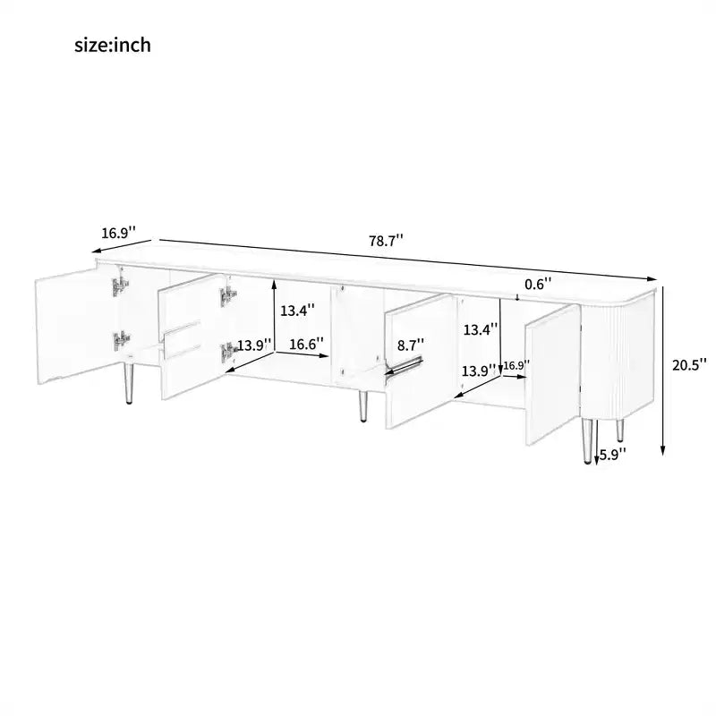Meuble TV avec portes et texture nervurée pour téléviseurs de 85 pouces – Meuble de rangement avec pieds en métal