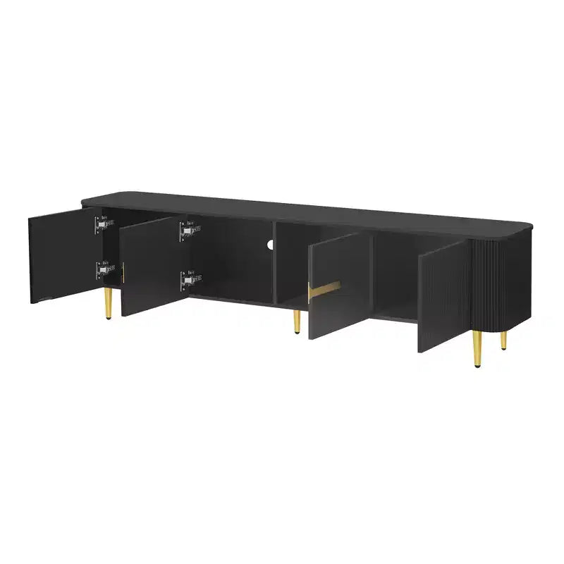 Meuble TV avec portes et texture nervurée pour téléviseurs de 85 pouces – Meuble de rangement avec pieds en métal