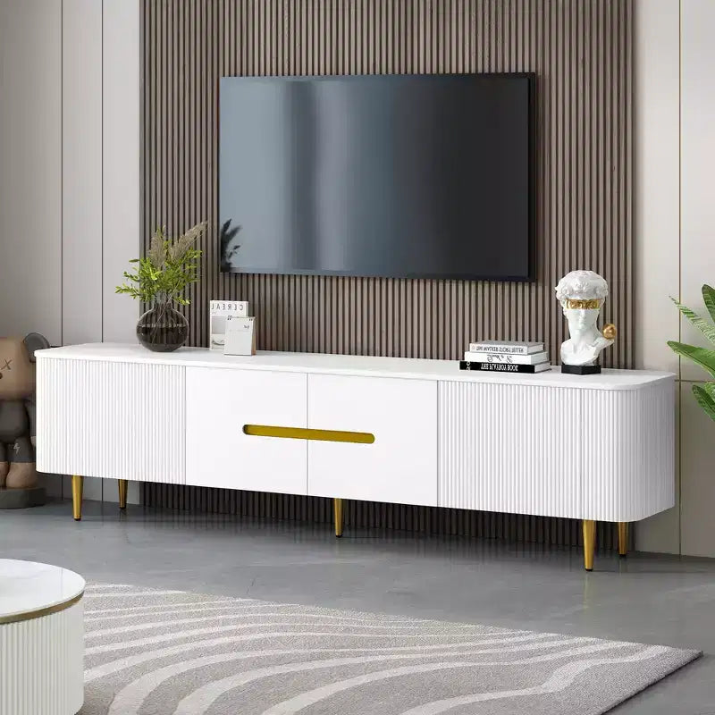 Meuble TV avec portes et texture nervurée pour téléviseurs de 85 pouces – Meuble de rangement avec pieds en métal