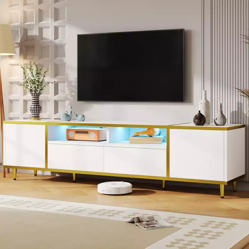 Meuble TV de 80 pouces avec lumières LED – Console TV en bois avec rangement