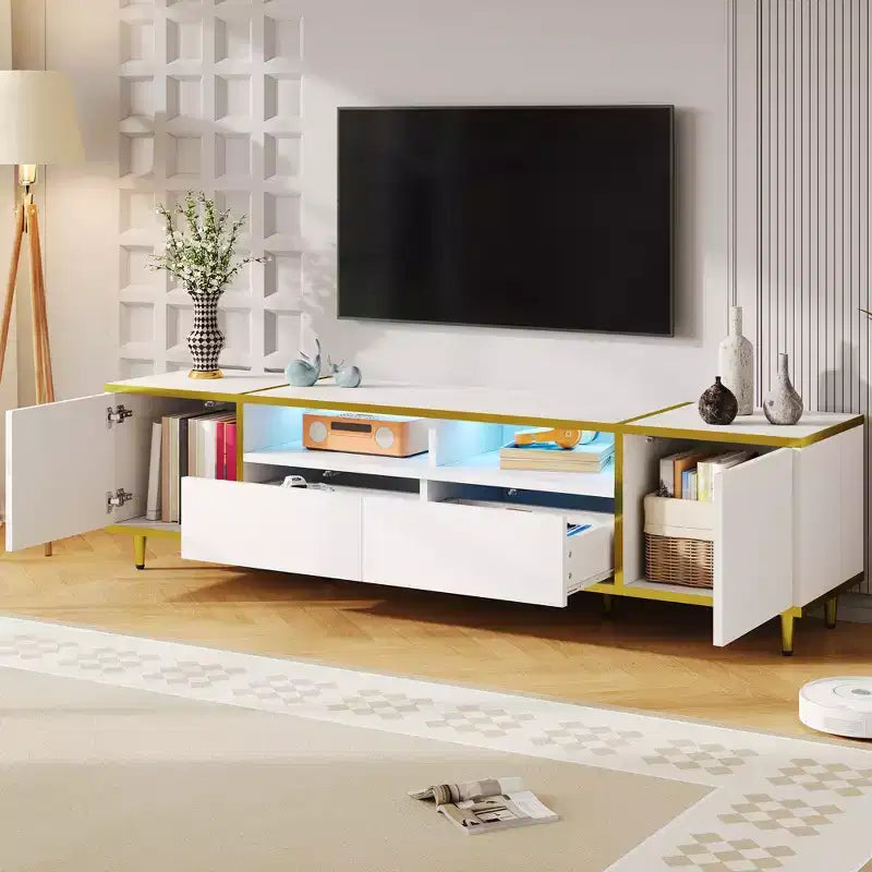 Meuble TV de 80 pouces avec lumières LED – Console TV en bois avec rangement
