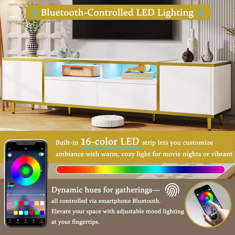 Meuble TV de 80 pouces avec lumières LED – Console TV en bois avec rangement