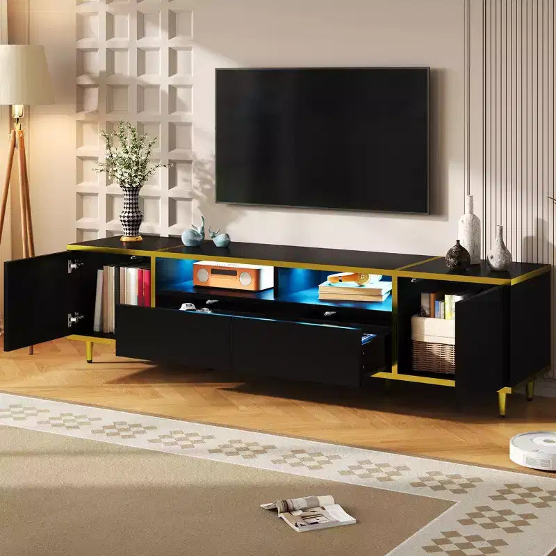 Meuble TV de 80 pouces avec lumières LED – Console TV en bois avec rangement
