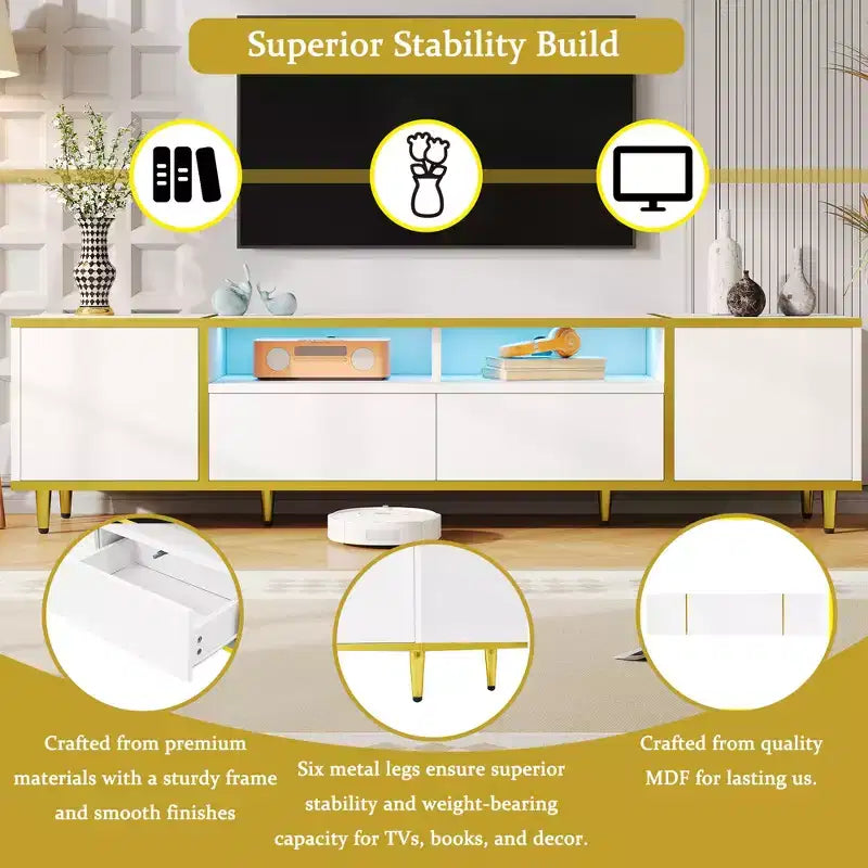 Meuble TV de 80 pouces avec lumières LED – Console TV en bois avec rangement