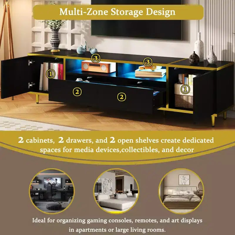 Meuble TV de 80 pouces avec lumières LED – Console TV en bois avec rangement