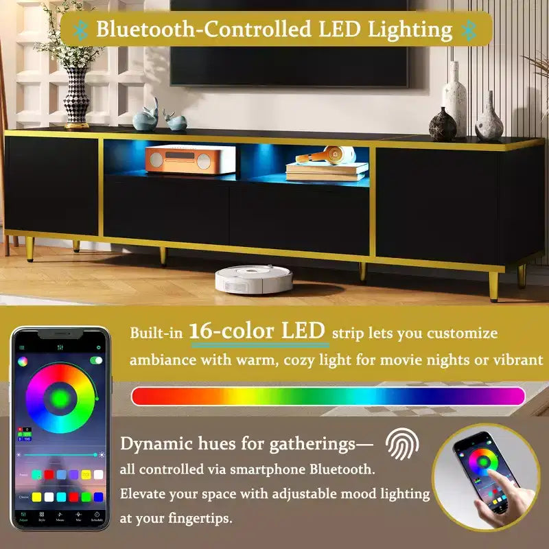 Meuble TV de 80 pouces avec lumières LED – Console TV en bois avec rangement